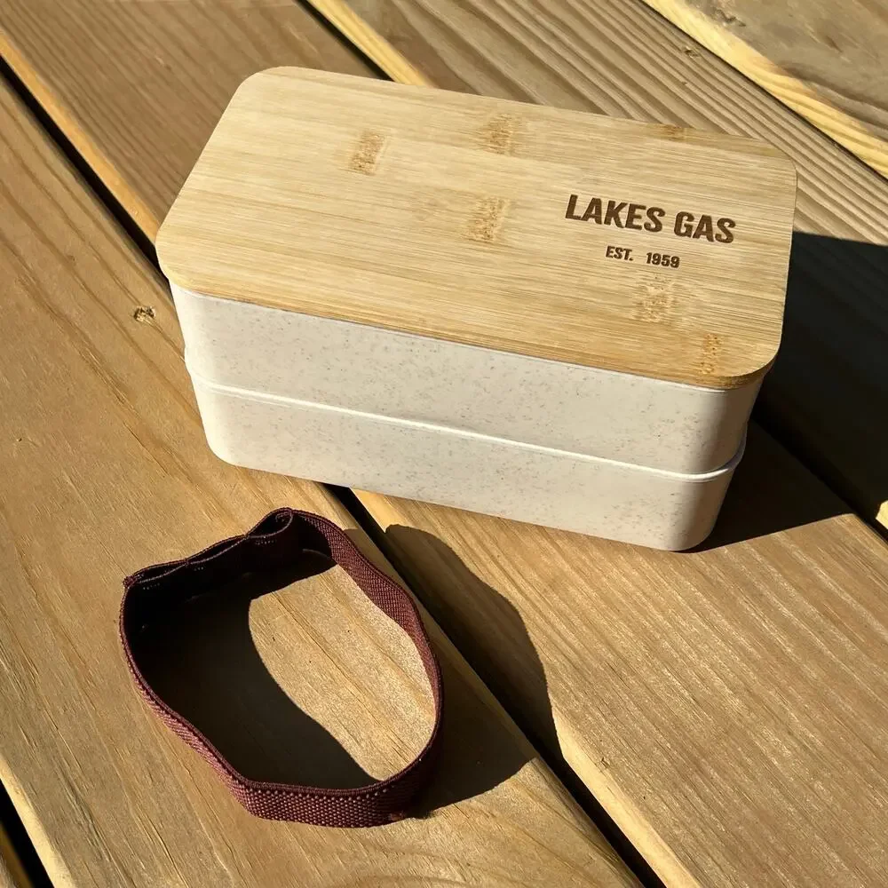 Bento Box Travel Lunch Set Lakes Gas Wood Lid 2 Sections Utensils Picnic School